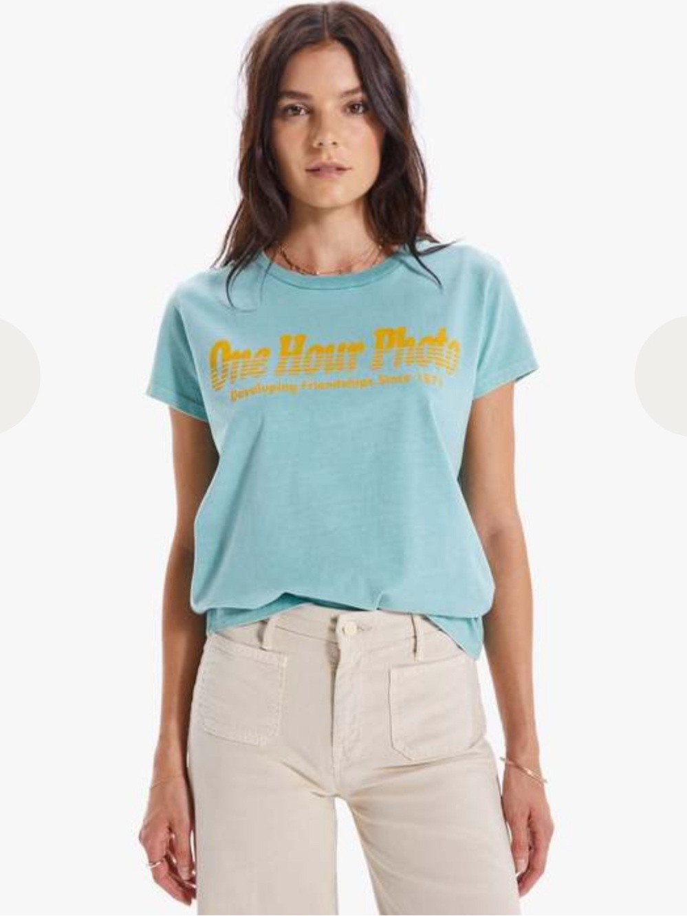 MOTHER Goodie one hour photo Aqua Blue Graphic Short Sleeve Tee with Yellow Logo
